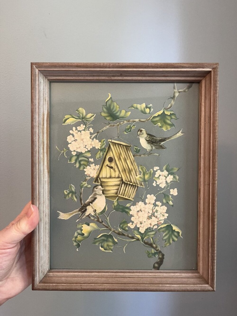 Vintage Wood Framed Birdhouse & Songbirds Floral Print Wall Art 10"x9"